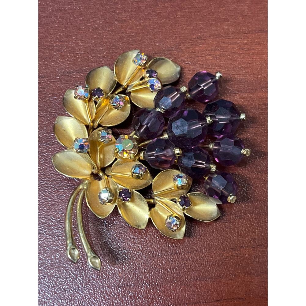 Vintage Purple Rhinestone Floral Spray Brooch, Prong Set, Made In Austria